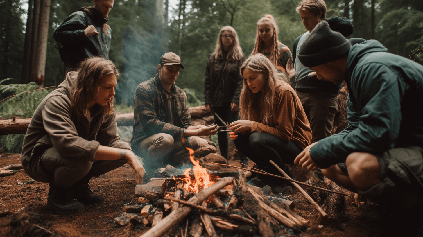 people learning how to build a campfire