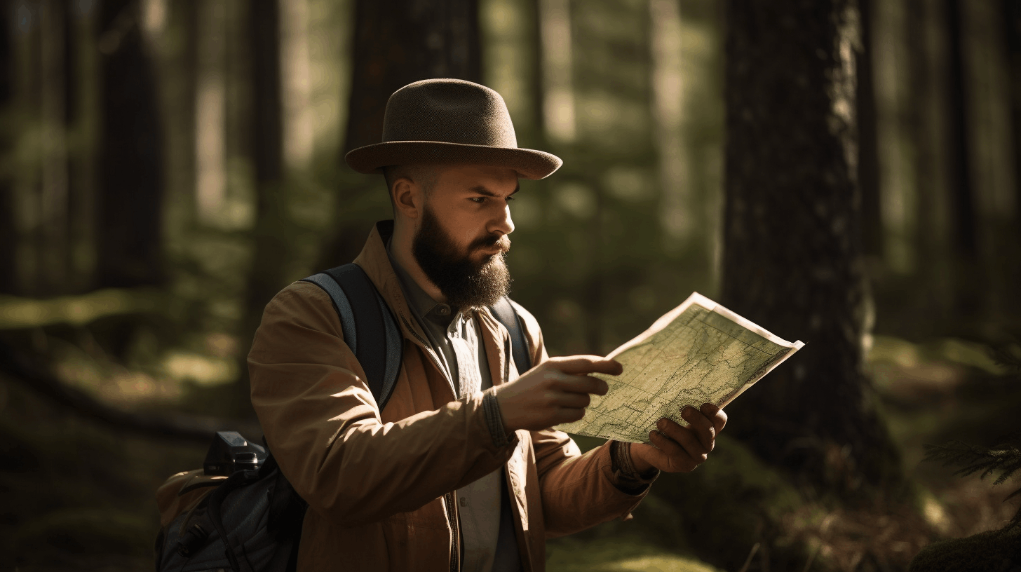 man holding map in woods